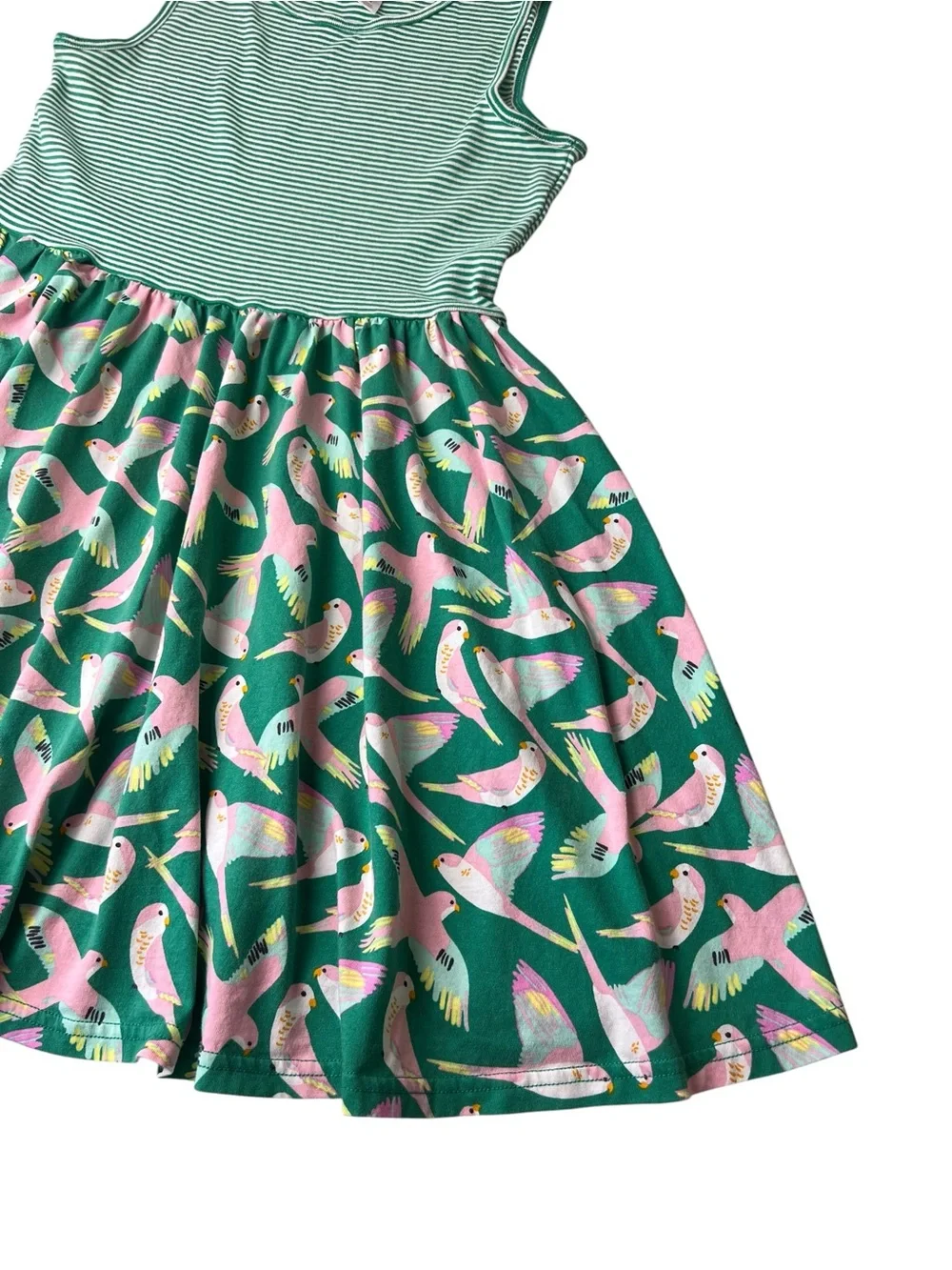 Tea Girls Size 12 Mixed Print Birds/Stripes Green/Pink Sleeveless Skater Dress